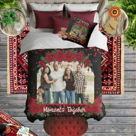 Modern Black and Red Roses Family Photo Typography Sherpa Deken