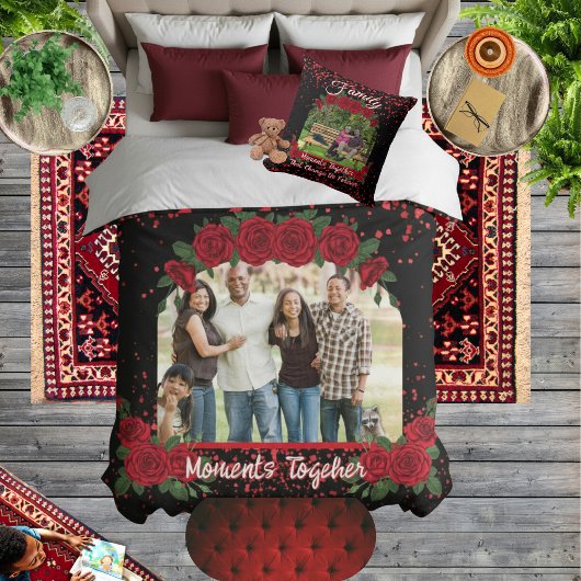 Modern Black and Red Roses Family Photo Typography Sherpa Deken