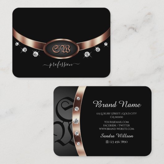 Modern Black and Roos Gold met monogram juwelen Visitekaartje (Voorkant / Achterkant)
