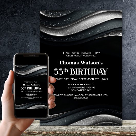 Modern Black and Silver 55th Birthday Party Kaart
