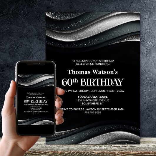 Modern Black and Silver 60th Birthday Party Kaart