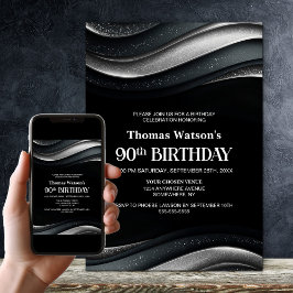 Modern Black and Silver 90th Birthday Party Kaart