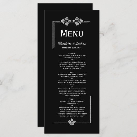 Modern Black and Silver Glitter Wedding Menu (Voorkant / Achterkant)