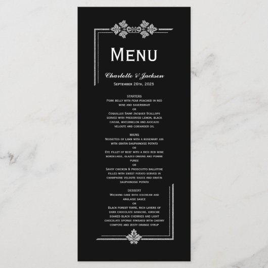 Modern Black and Silver Glitter Wedding Menu (Voorkant)