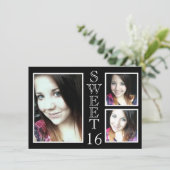 Modern Black and White 3 Photo Sweet 16 Kaart (Staand voorkant)