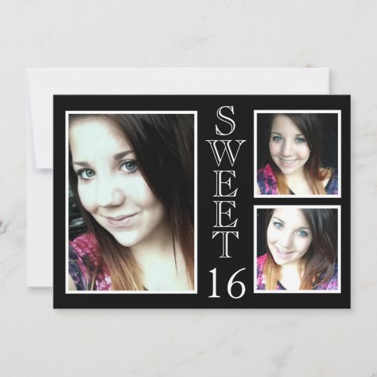 Modern Black and White 3 Photo Sweet 16 Kaart (Voorkant)