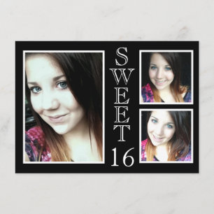 Modern Black and White 3 Photo Sweet 16 Kaart