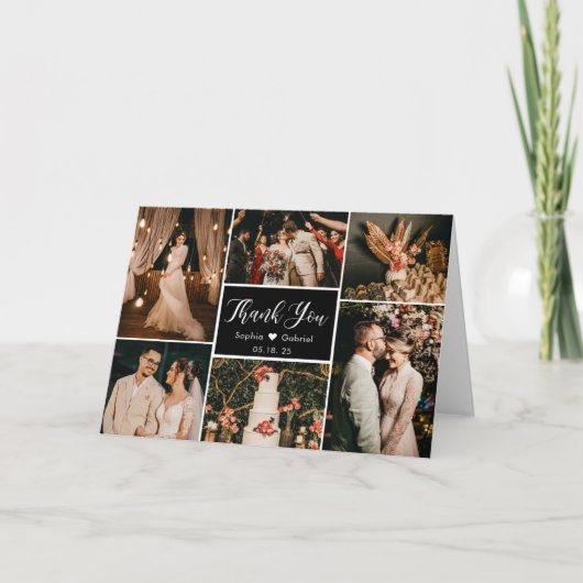 Modern Black and White 6 Photo Collage Wedding Bedankkaart (Voorkant)