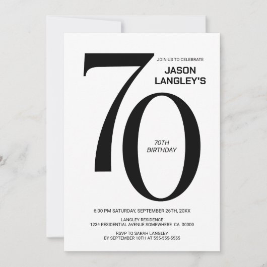 Modern Black and White 70th Birthday Party Kaart (Voorkant)
