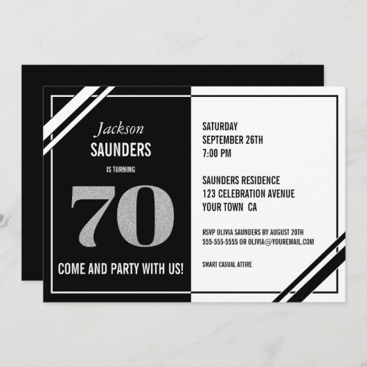 Modern Black and White 70th Birthday Party Kaart (Voorkant / Achterkant)