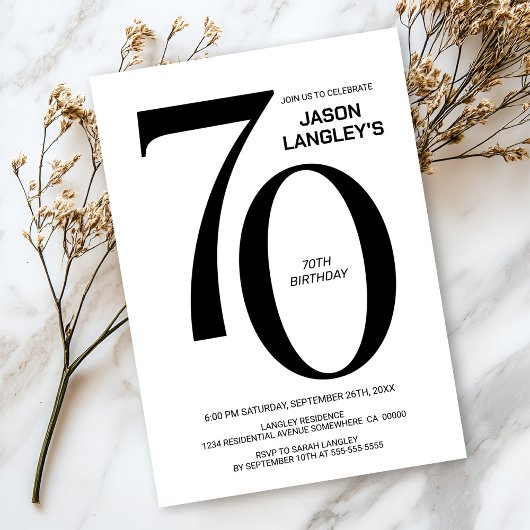 Modern Black and White 70th Birthday Party Kaart