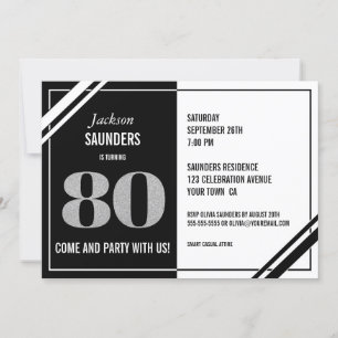 Modern Black and White 80th Birthday Party Kaart
