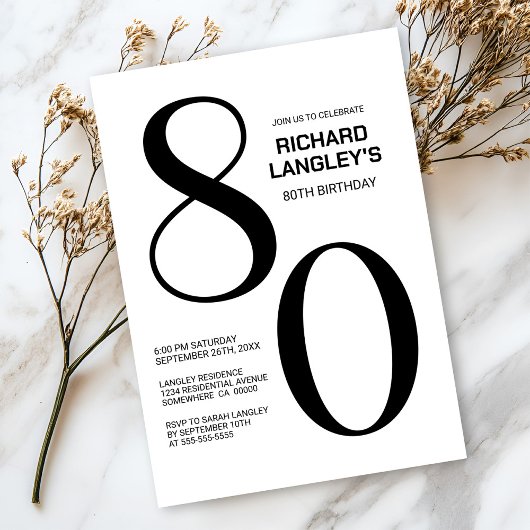 Modern Black and White 80th Birthday Party Kaart