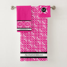Modern Black and White abstact damask Fuschia roze Bad Handdoek
