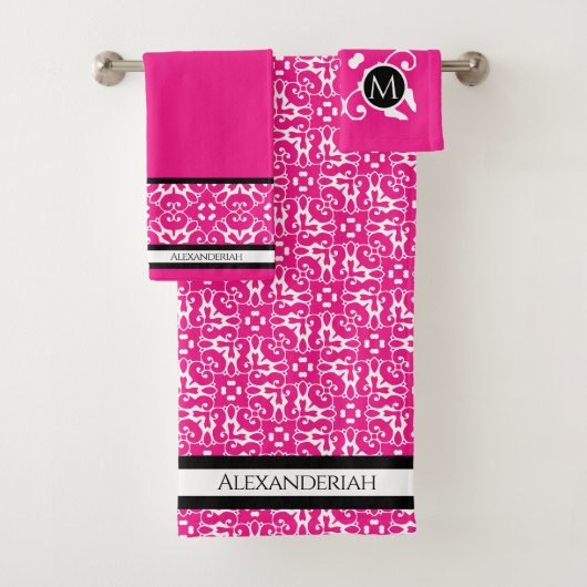Modern Black and White abstact damask Fuschia roze Bad Handdoek (Insitu)