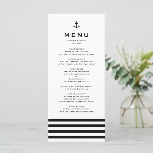 Modern Black and White Anchor Nautical Wedding Menu (Staand voorkant)