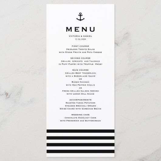 Modern Black and White Anchor Nautical Wedding Menu (Voorkant)