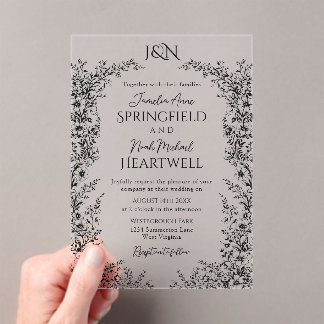 Modern Black and White Botanical Wedding Acryl Uitnodigingen
