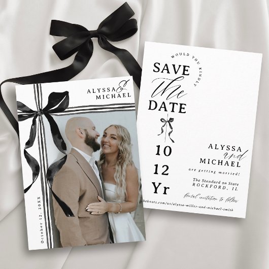 Modern Black and White Bow Elegant Photo Wedding Save The Date