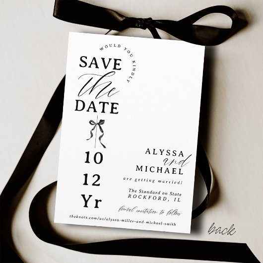 Modern Black and White Bow Elegant Photo Wedding Save The Date
