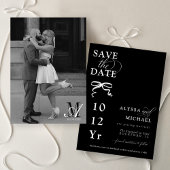 Modern Black and White Bow Photo Monogram Wedding Save The Date