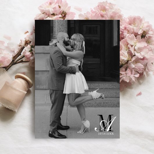 Modern Black and White Bow Photo Monogram Wedding Save The Date