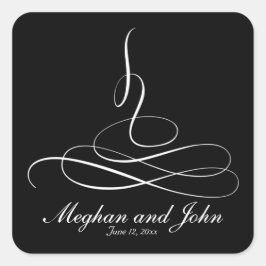 Modern Black and White Calligraphic Swirl Wedding Vierkante Sticker