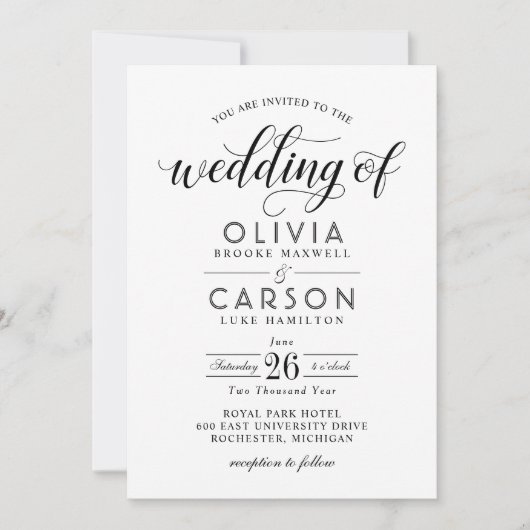 Modern Black and White Calligraphy Script Wedding Kaart (Voorkant)