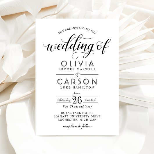 Modern Black and White Calligraphy Script Wedding Kaart