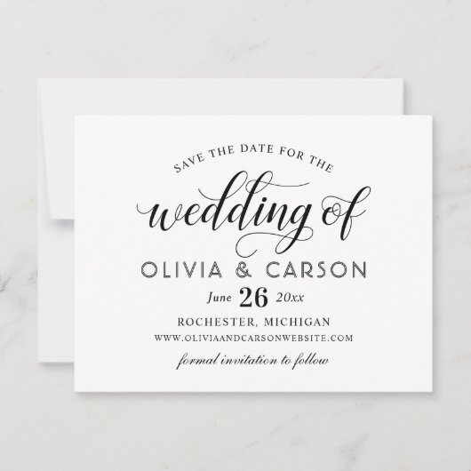 Modern Black and White Calligraphy Script Wedding Save The Date (Voorkant)
