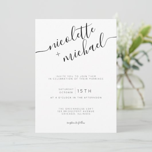 Modern Black and White Calligraphy Wedding Kaart (Staand voorkant)