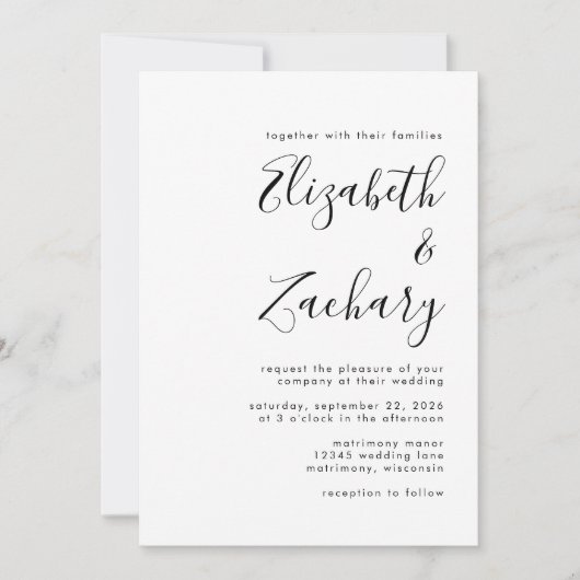 Modern Black and White Calligraphy Wedding Kaart (Voorkant)
