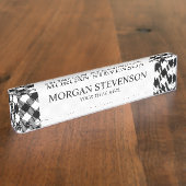 Modern Black and White Check Gingham Pattern Naambordje (Zijkant)