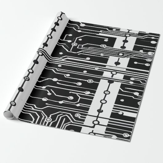 Modern Black and White Circuit Board Texture Patte Cadeaupapier (Uitgerold)