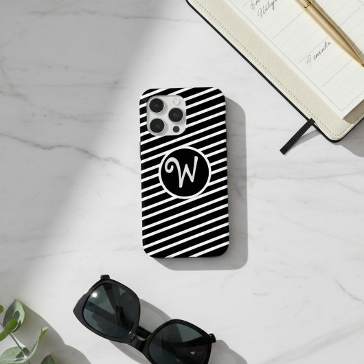 Modern Black and White Diagonal Stripes Monogram Case-Mate iPhone Case