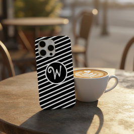 Modern Black and White Diagonal Stripes Monogram iPhone 15 Pro Max Hoesje