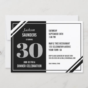 Modern Black and White Dinner 30th Birthday Party Kaart