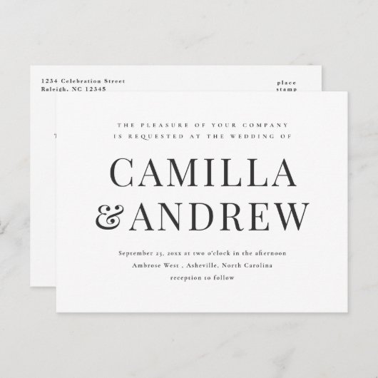 Modern Black and White Elegant Wedding Invitation Briefkaart (Voorkant / Achterkant)