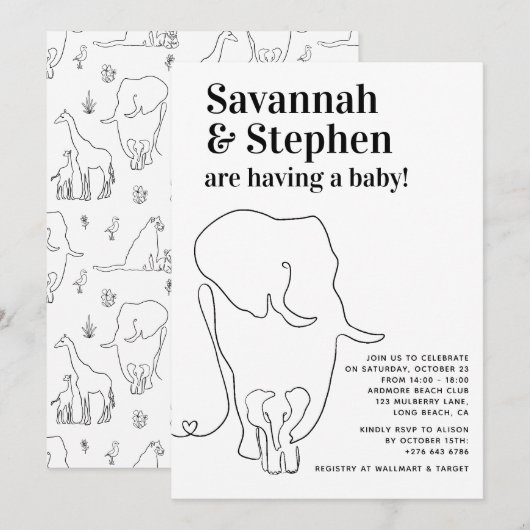 Modern Black and White Elephant Joint Baby shower Kaart (Voorkant / Achterkant)