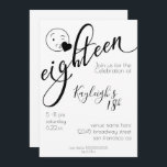 Modern Black and White Emoji 18th Birthday Kaart<br><div class="desc">Moderne,  eenvoudige uitnodigingen voor een verjaardagsfeestje voor zwart-wit tekstontwerp voor haar achttiende verjaardag. Met het woord 'achttien' in de moderne kalligrafie en een kissy wink emoji - een eenvoudig lettertype voor de tekst en een handgeschreven lettertype voor de naam en de leeftijd - allemaal eenvoudig aan te passen.</div>