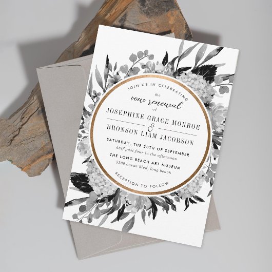 Modern Black and White Floral Vow Renewal Kaart