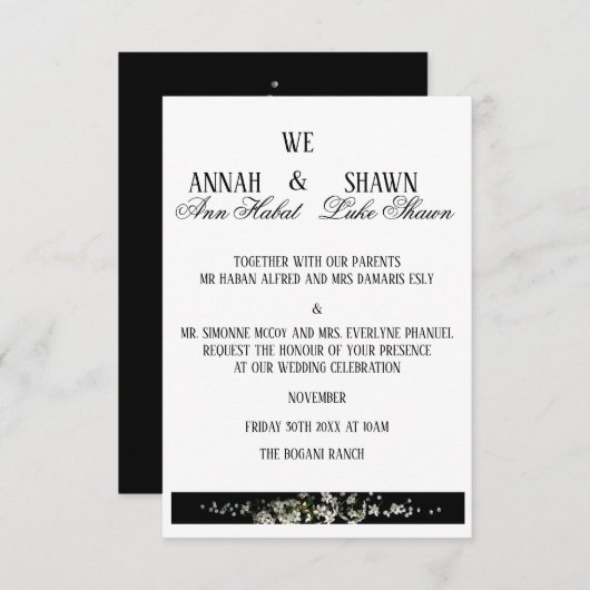 Modern Black and White Floral Wedding Invitation Kaart (Voorkant / Achterkant)