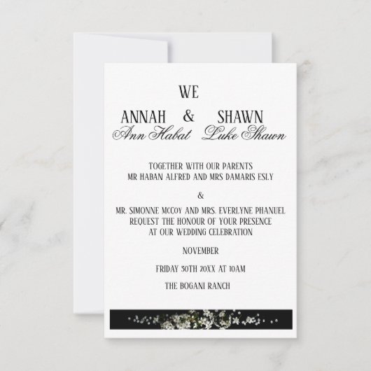 Modern Black and White Floral Wedding Invitation Kaart (Voorkant)