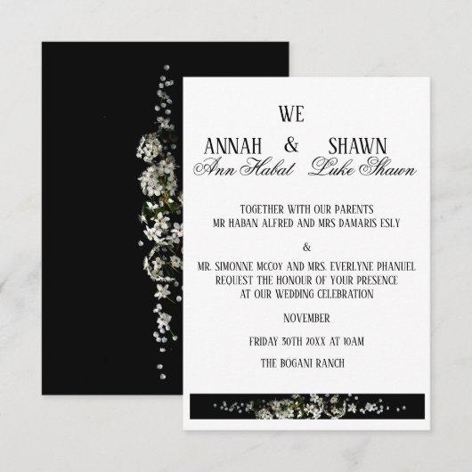 Modern Black and White Floral Wedding Invitation Kaart (Voorkant / Achterkant)