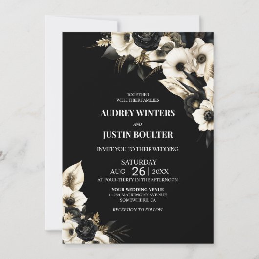Modern Black and White Floral Wedding Kaart (Voorkant)