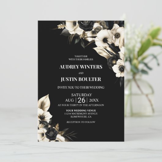 Modern Black and White Floral Wedding Kaart (Staand voorkant)