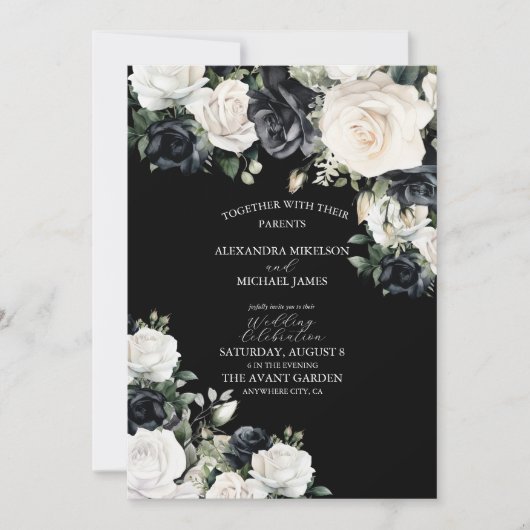 Modern Black and White Floral Wedding Kaart (Voorkant)