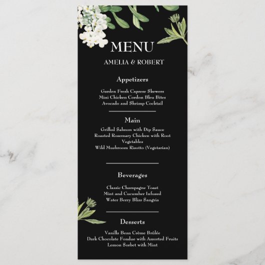 Modern Black and White Floral Wedding Menu Card (Voorkant)