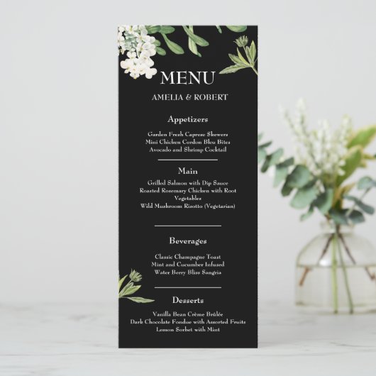 Modern Black and White Floral Wedding Menu Card (Staand voorkant)