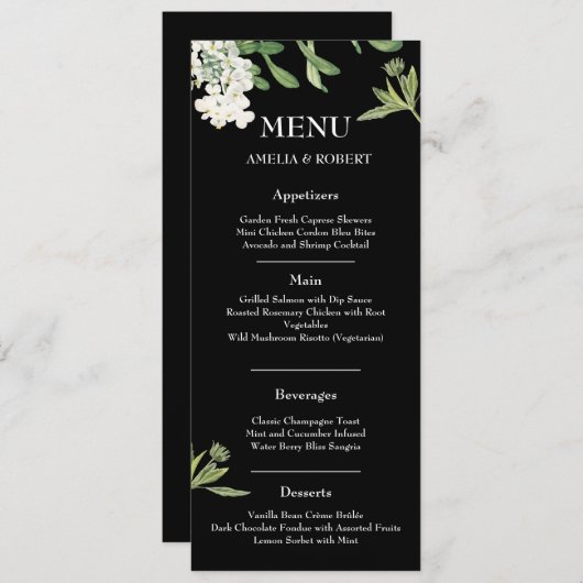 Modern Black and White Floral Wedding Menu Card (Voorkant / Achterkant)